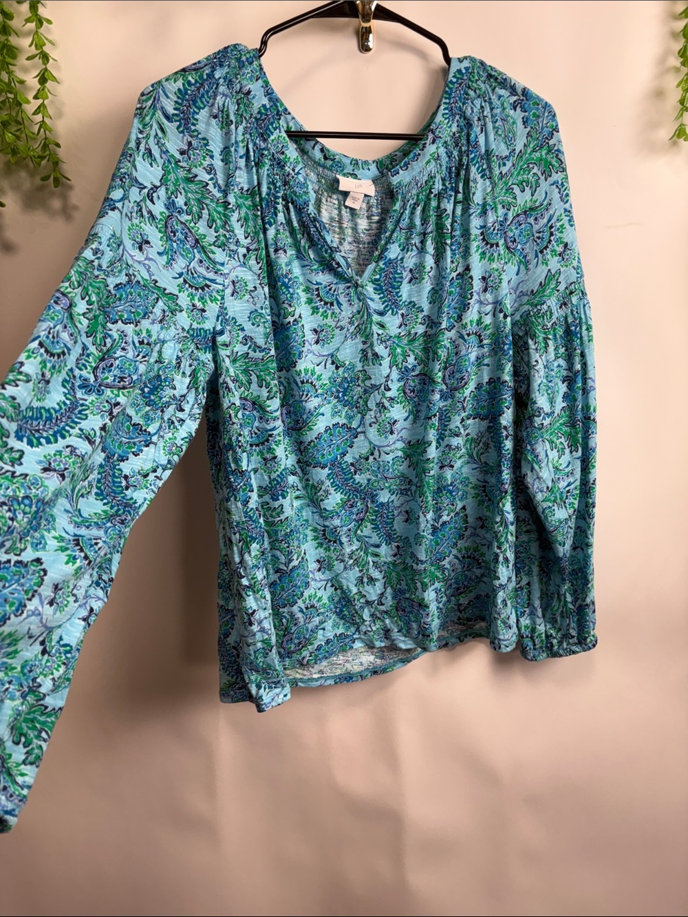 J. Jill Blue and Green Paisley V-Neck Long Sleeve Blouse